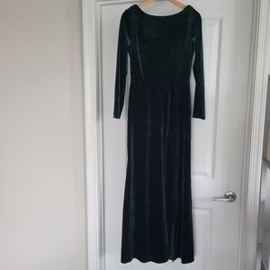 Elegant Green Velvet Dress with cowl drape back and slit, Size 8